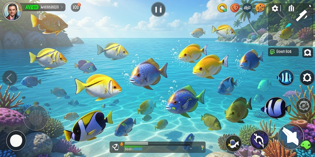 Tampilan gameplay seru dalam AVATAR808 saat menangkap ikan.