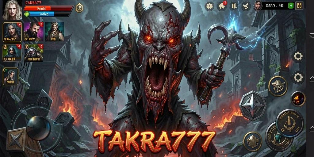 Screenshot gameplay CAKRA777 yang menampilkan suasana mencekam dan karakter menyeramkan.