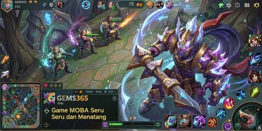 Tangkapan layar GEMS365 yang menunjukkan aksi intens dalam permainan MOBA.