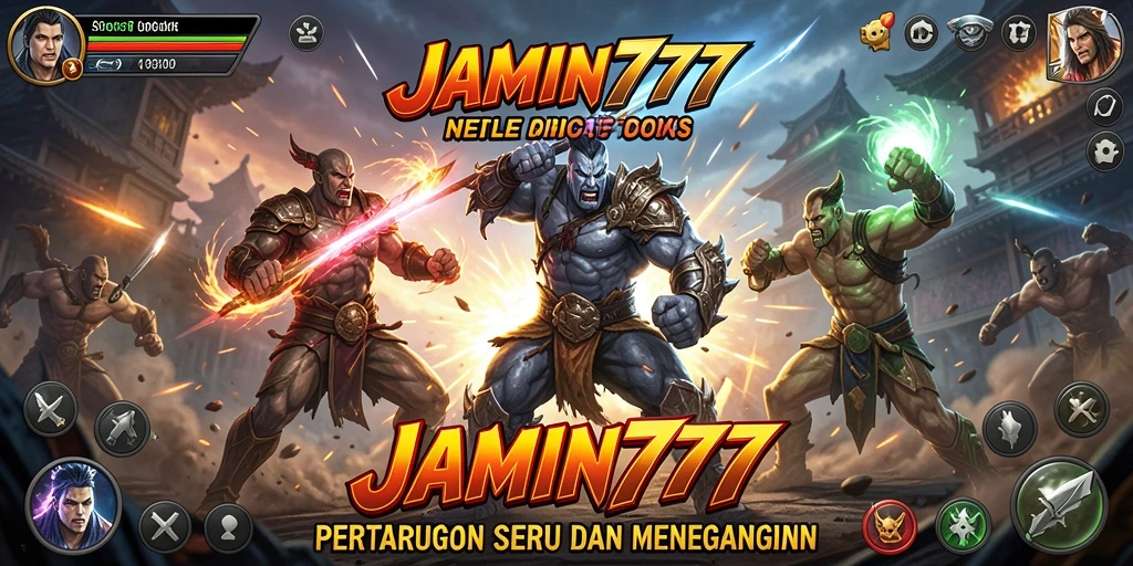 Tangkapan layar utama menunjukkan duel seru antara karakter di arena.