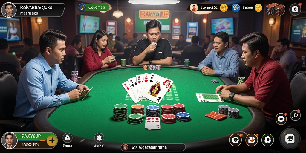 Tampilan gameplay RAKYATJP yang seru dan menghadirkan suasana poker yang nyata.