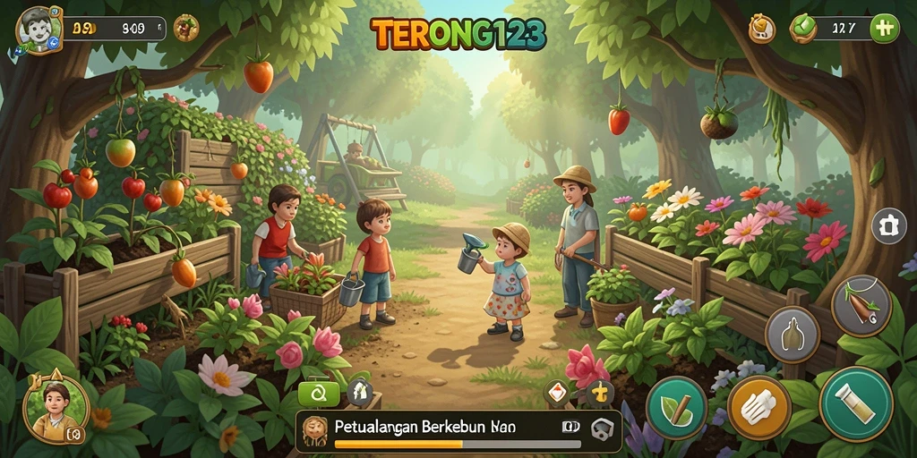 Tampilan gameplay menarik dalam TERONG123 dengan kebun yang subur.