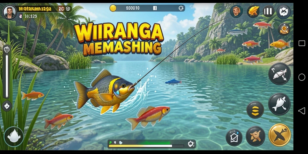 Screenshot gameplay WIRANAGA menampilkan pengalaman memancing yang seru.